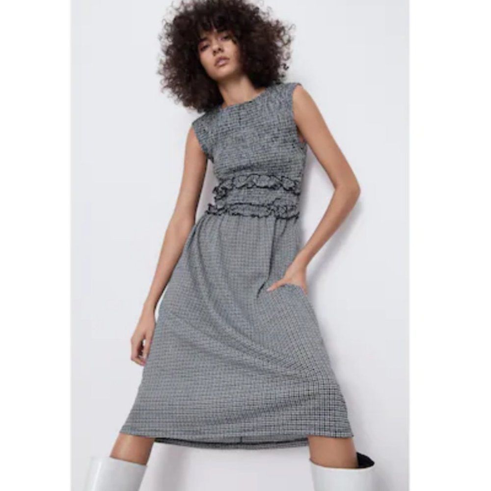 NWT ZARA Gingham Gray Midi Dress